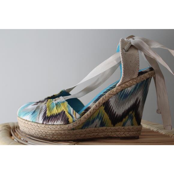 Bamboo Dorine 03 Teal Ikat Ankle Ribbon Espadrille Wedges Size 9 - Picture 3 of 8